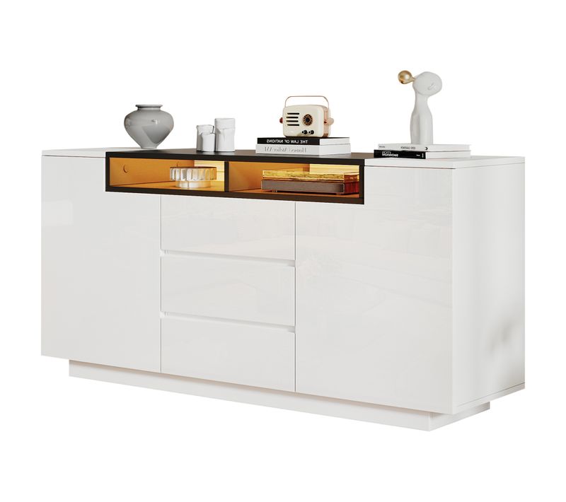 Buffet Moderne 140cm - 2 Portes En L, LED, 3 Tiroirs - Blanc/noir - 140x40x68cm