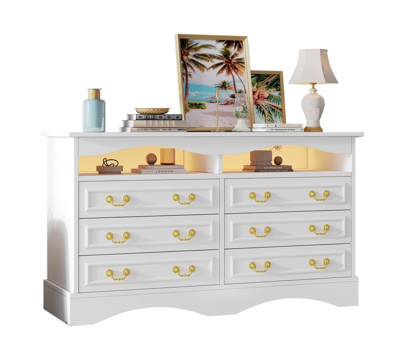 Commode Moderne 120cm - 6 Cases, LED, Rangement Semi-ouvert - Blanc
