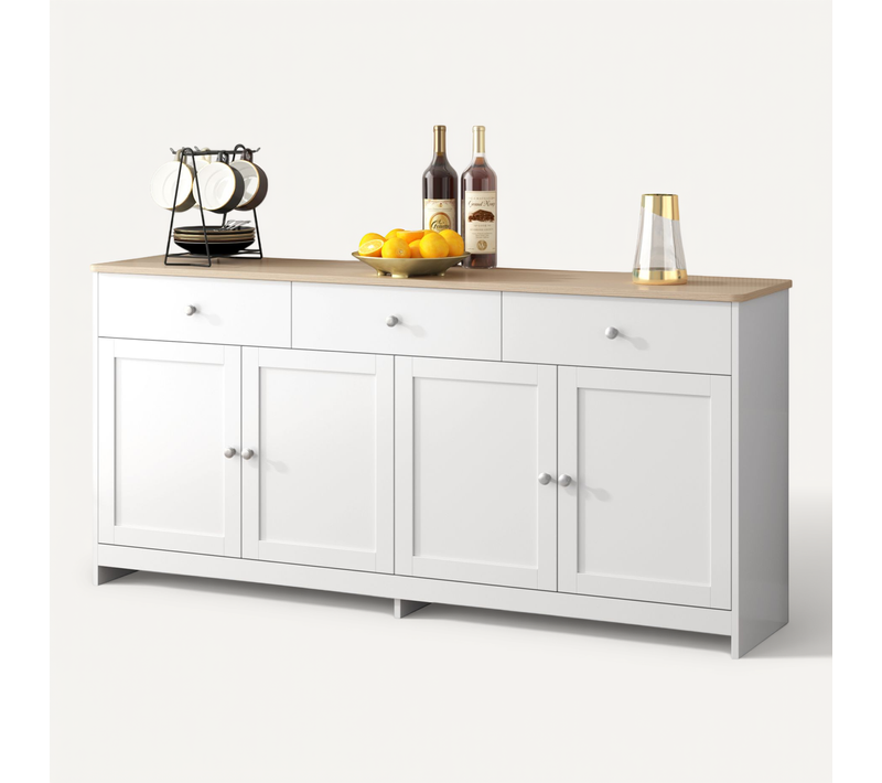 Buffet 4 Portes Et 3 Tiroirs - Style Bois Naturel Et Blanc - Salon/salle à Manger