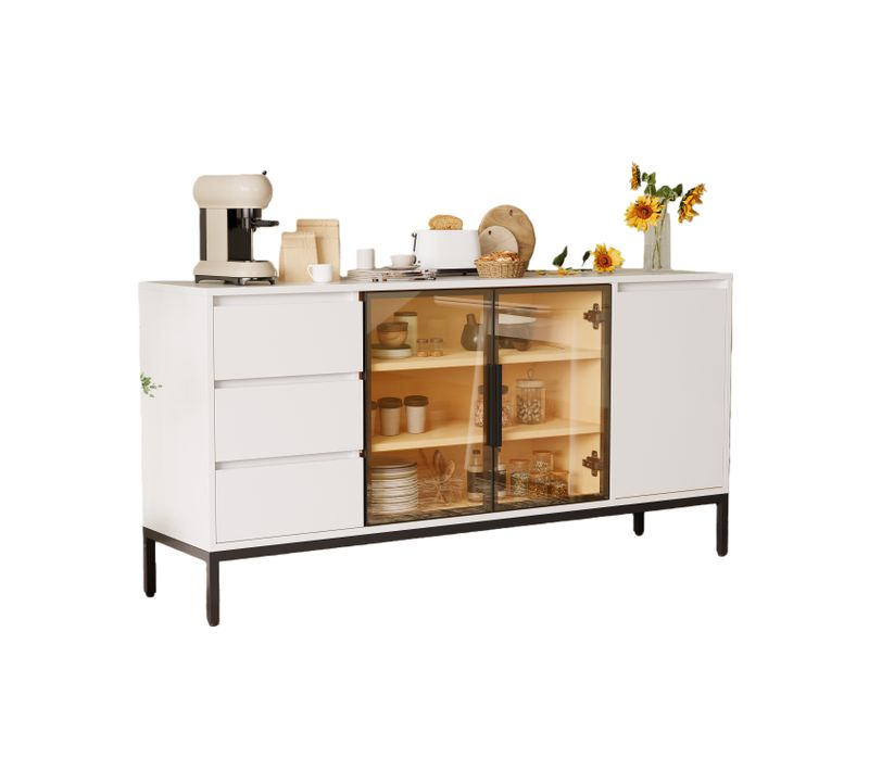 Buffet Multifonction Blanc - 3 Portes, 3 Tiroirs - Rangement Cuisine/salon