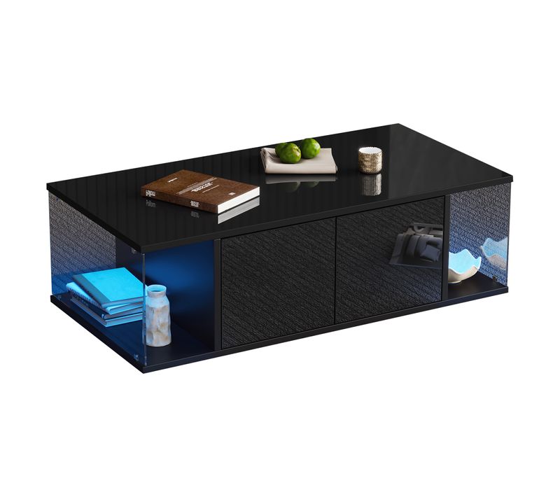 Table Basse LED 100cm - 2 Casiers, Verre Trempé - Noir - 100x50x30 Cm