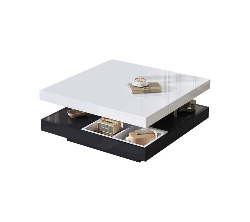 Table Basse Rotative 360° à 2 Niveaux - Blanc Brillant, Piètement Noir - 70x70x36 Cm