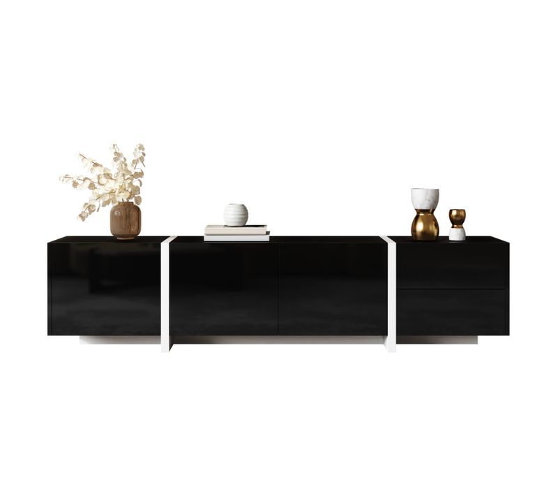 Meuble TV Noir Brillant Avec Pieds Blancs - Portes Et Tiroirs Élégants - Bandeau LED Intégré