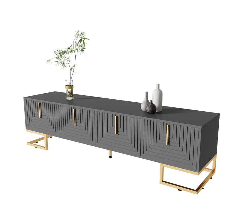 Meuble TV Avec Portes Texturées Et Détails Dorés - Poignées Et Pieds Or - Design Élégant