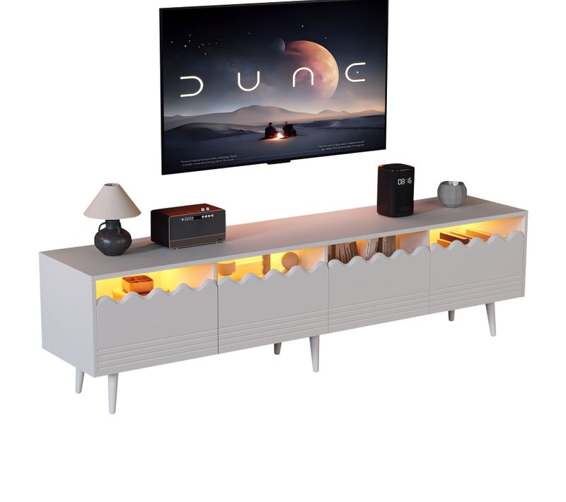 Meuble TV Blanc 176 Cm - 6 Pieds, 2 Tiroirs/2 Portes - Support TV 75 Pouces