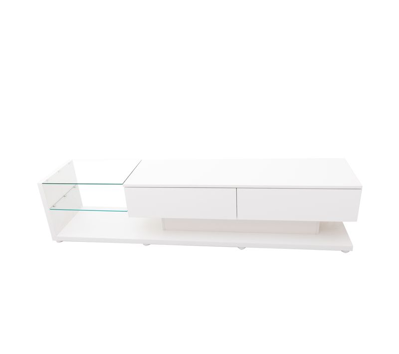 Meuble TV Blanc Brillant Avec Séparations En Verre - Éclairage LED Variable - Style Rustique Moderne
