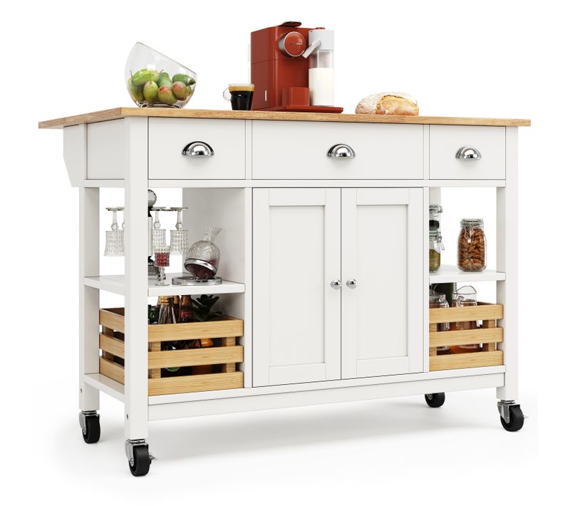 Buffet De Cuisine Moderne Blanc 120 Cm - Motif Bois, Panier Pin - Table à Manger Et Rangement