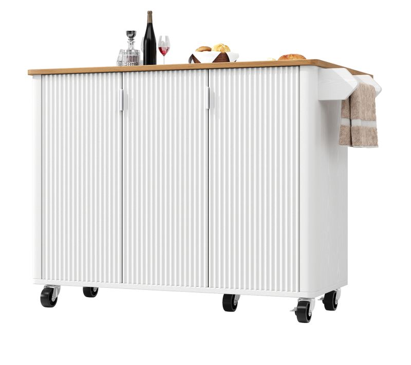 Buffet Cuisine Mobile Blanc 130 Cm - Structure Bois, Extensible, Organisateur D'épices