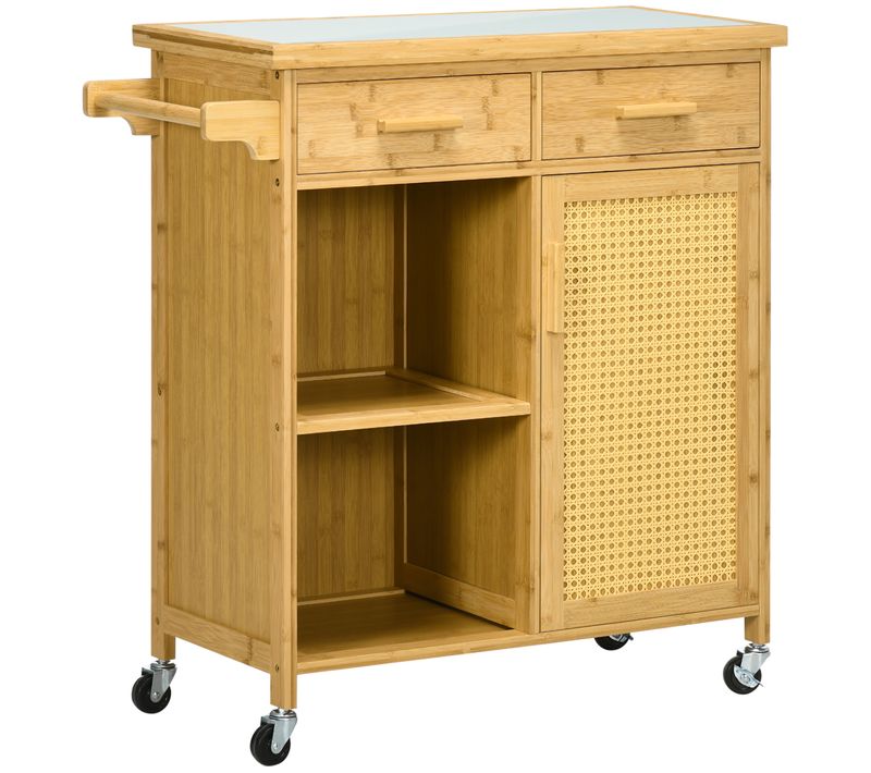 Buffet De Cuisine Bambou Naturel - Tiroir, Armoire, Étagères Ouvertes - Plateau Et Porte-serviettes