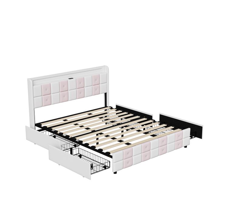 Lit à Tiroirs 140x190cm Avec Lumière LED Et Port USB, Doté De 4 Tiroirs De Rangement, Blanc Et Rose