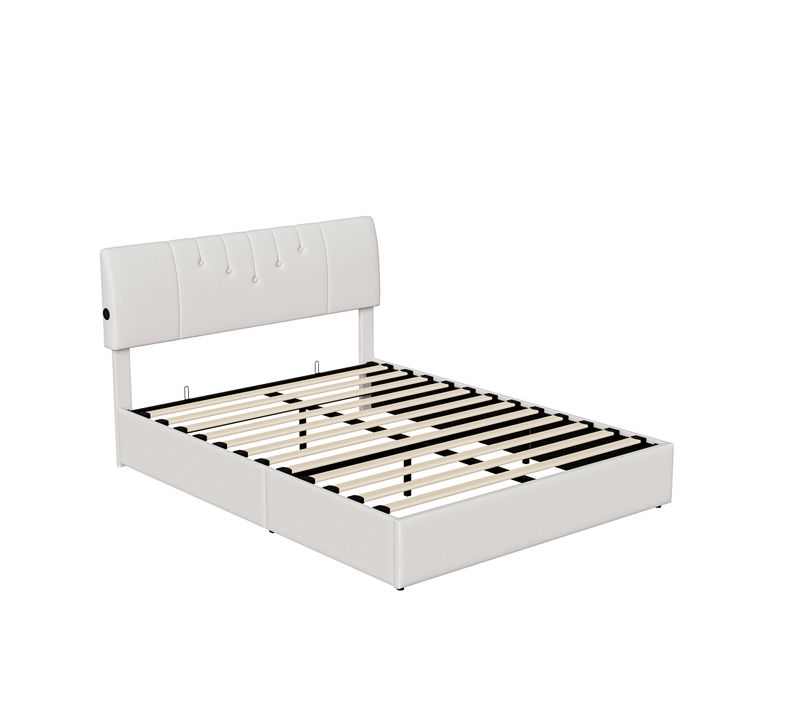 Lit Coffre 140x200cm Avec Compartiments De Rangement Et Prise Électrique ,tête De Lit Réglable