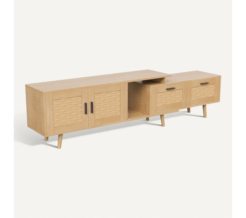 Meuble TV Extensible En Rotin,adapté Aux Téléviseurs De 40-75 Pouces,avec 2 Tiroirs Et 2 Portes,bois
