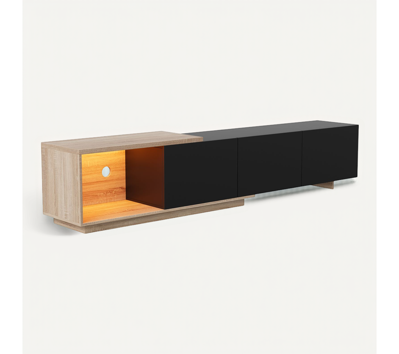 Meuble TV Extensible Avec 3 Tiroirs, Éclairage LED, Convient Aux Téléviseurs De 65 Pouces, Noir