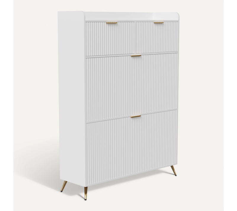 Meuble à Chaussures Avec Deux Portes Abattantes Et Tiroirs, Adapté Aux Entrées, Blanc, 80x24x110 Cm