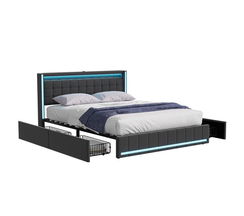 Lit Double Capitonné 140 X 190 Cm Avec Tête De Lit Et Lumière LED, 4 Tiroirs, Tissu Lin, Gris