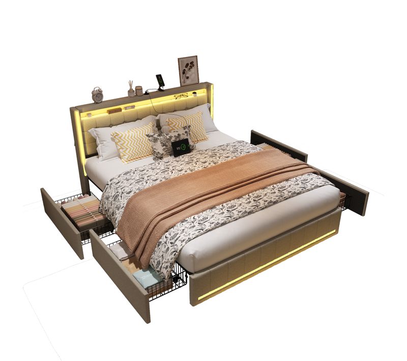 Lit Double Capitonné, 180 X 200 Cm, Avec éclairage LED, 4 Tiroirs, Port De Chargement USB, Beige