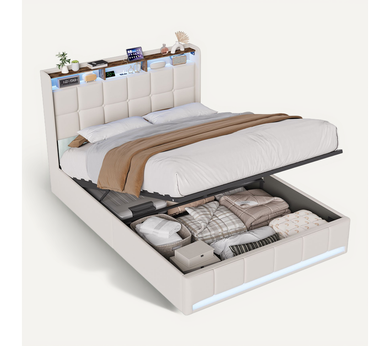Lit Coffre Capitonné, 140x190cm, Avec Port USB Et éclairage LED, Système Hydraulique, Beige