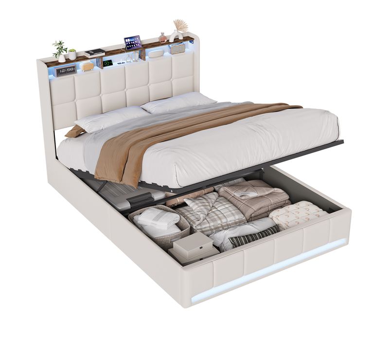 Lit Coffre Capitonné, 160x200cm, Avec Port USB Et éclairage LED, Système Hydraulique, Beige
