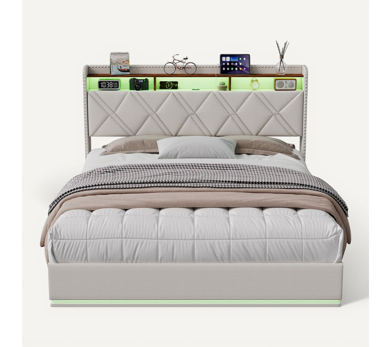 Lit Double Capitonné, 140x200cm, Avec Lumière LED Et Port De Chargement, Fonction Rangement, Beige