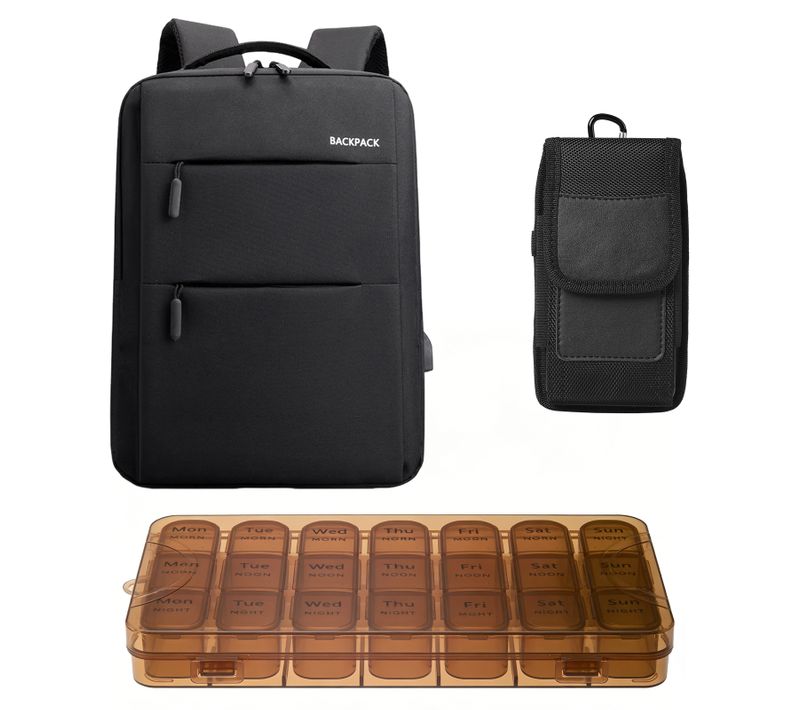Pack Sac à Dos Noir + Banane Anti-rfid + Pilulier Pour Voyage Et Quotidien，pratique Et Polyvalent