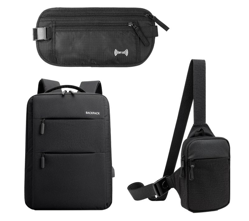 Pack 3en1 : Sac à Dos Noir, Sacoche, Banane Anti-rfid – Idéal Voyage,étanche Et Durable