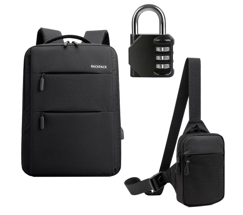 Sac à Dos Noir+Sacoche Bandoulière+Cadenas à 3 Chiffres,Matériau Déperlant Et Résistant,Voyage/école