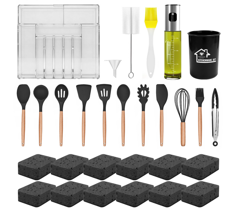 Pack Cuisine: Boîte De Rangement Extensible, Spray à Huile Gradué, Brosse, Sacs Hermétiques, éponge