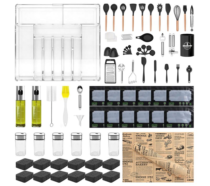 Pack Organisation Cuisine:Boîte Extensible,Pinceau Silicone,éponge,Spray à Huile,Sacs Congélation