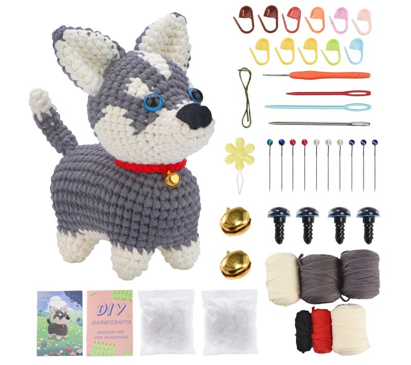 Kit De Crochet - Motif Husky Gris Et Blanc Avec Collier Rouge Et Clochette - Kit à Faire Soi-même