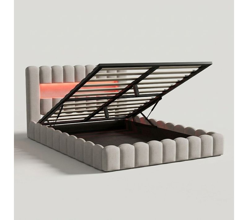 Lit Double 180x200 Cm Avec éclairage LED Et Type-c Et USB, Lit Capitonné Avec Rangement, Lin, Beige