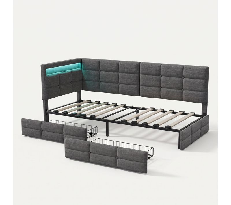 Lit 90 X 200 Avec éclairage LED Et Prise USB, Lit Banquette Avec 2 Tiroir, Gris