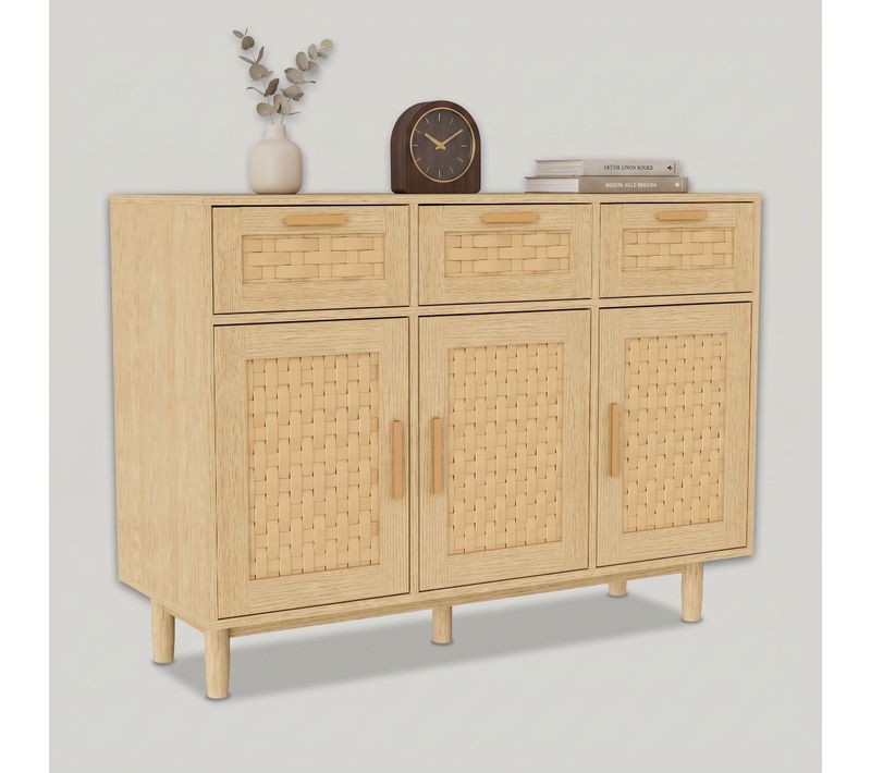 Buffet Moderne En Bois Avec 3 Tiroirs Et 3 Porte - Meuble De Cuisine - 108x40x80 Cm (couleur Chêne)