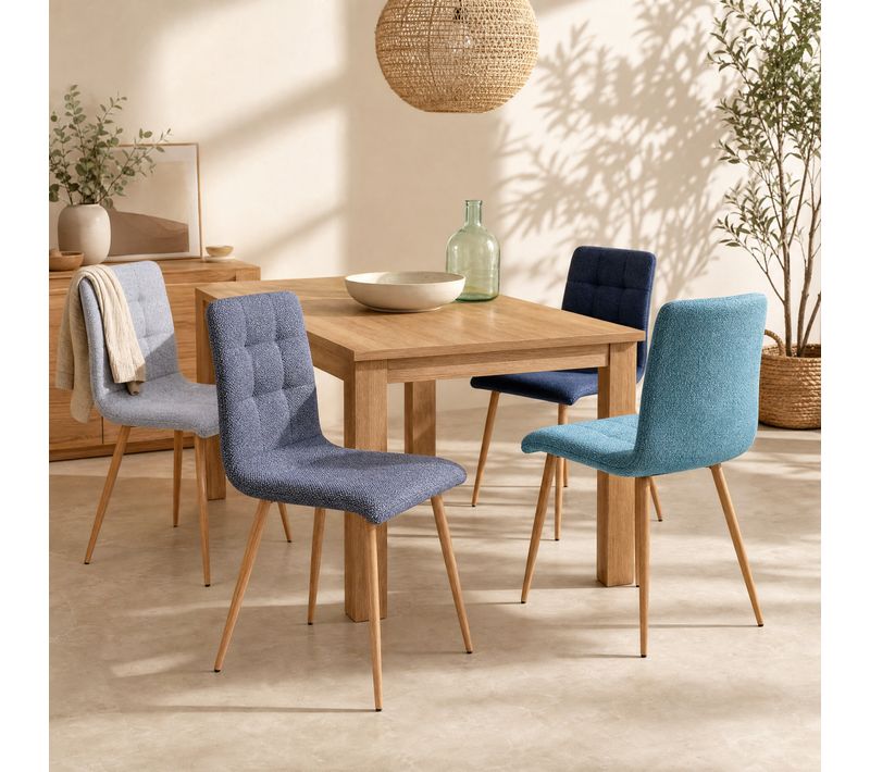 Lot de 4 chaises POKE Tissu simili lin bleu et gris