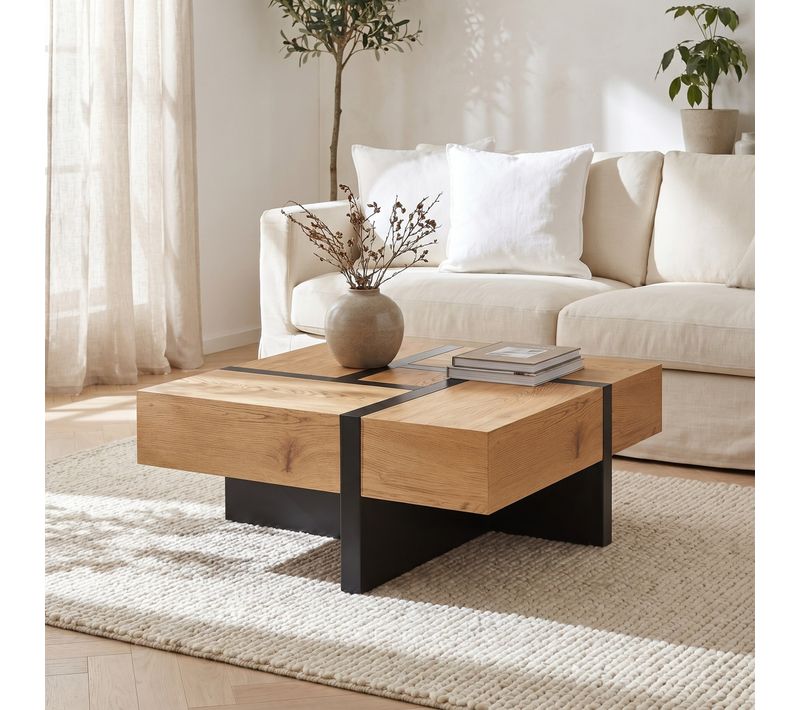 Table basse avec rangements SQUARE imitation chêne et noir
