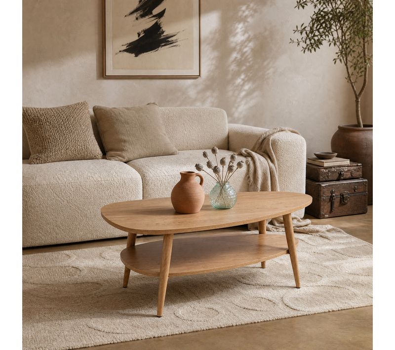 Table basse ovale double plateau COLUMBUS imitation chêne