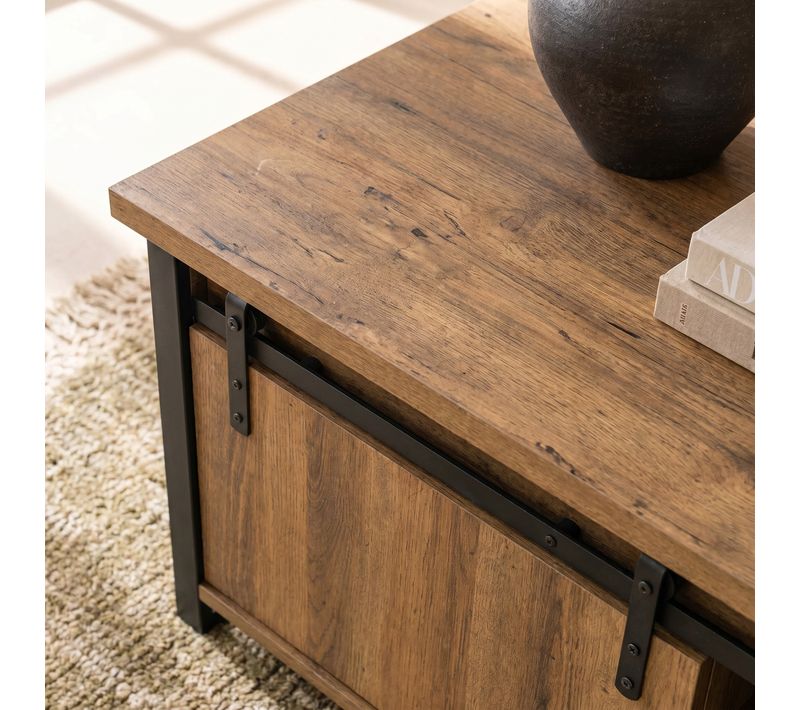 Table basse avec rangements CAISSE imitation chêne et noir