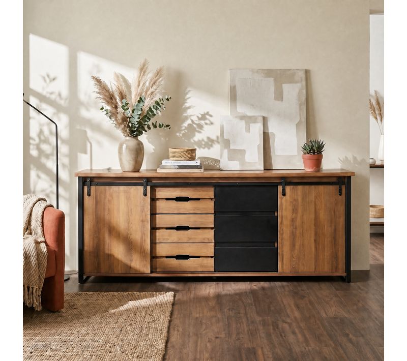 Buffet 2 portes 6 tiroirs CAISSE imitation chêne et noir
