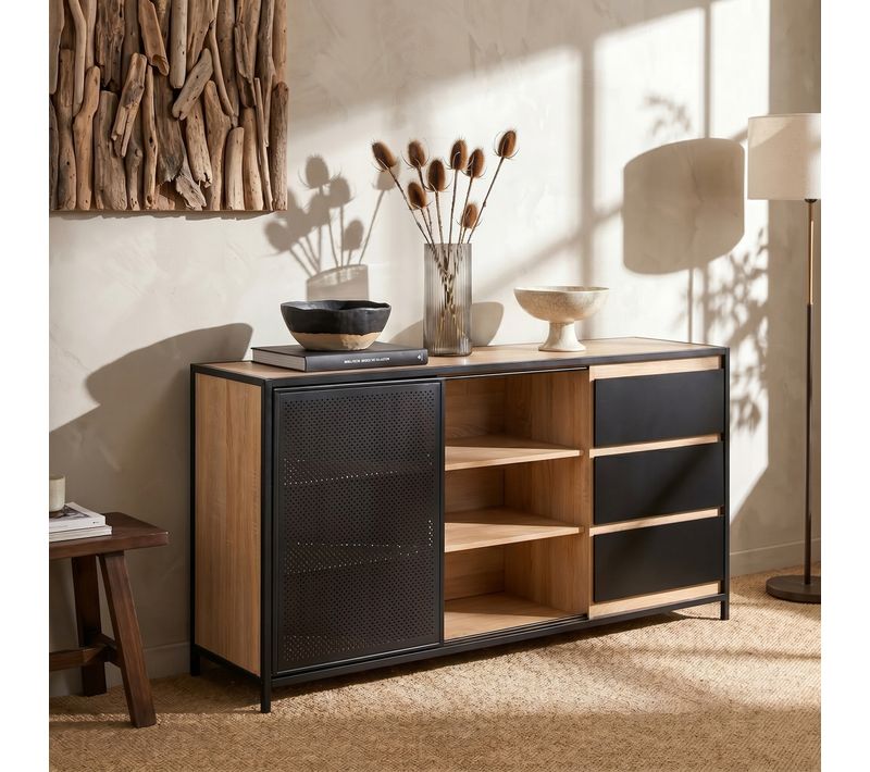 Buffet 1 porte 6 niches OSKAR imitation Chêne et noir