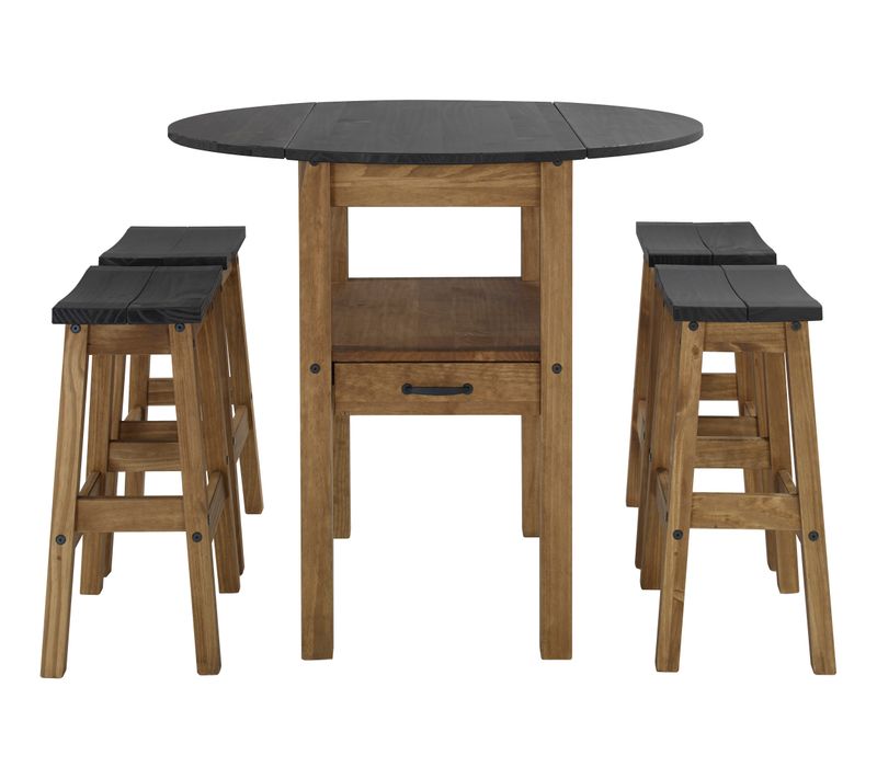 Table + 4 tabourets de bar JANE 2  bois massif/ noir