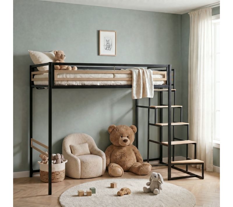 Lit mezzanine 140x190 cm MARLEY avec escalier imitation chêne et noir