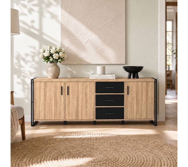 Buffet 3 portes PARKER imitation chêne et noir