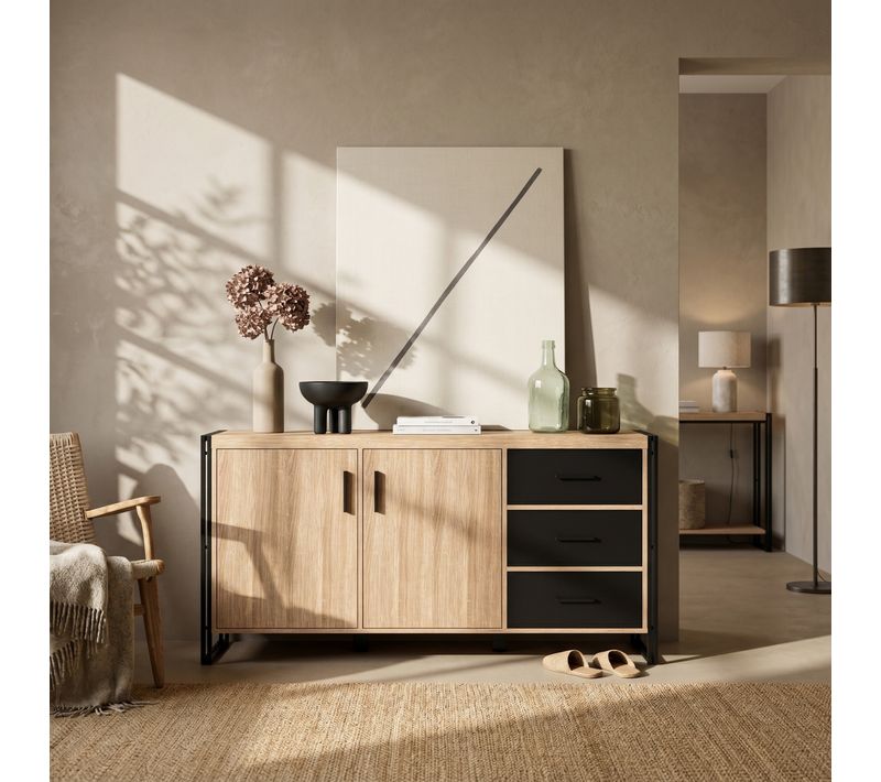 Buffet 2 portes PARKER imitation chêne et noir