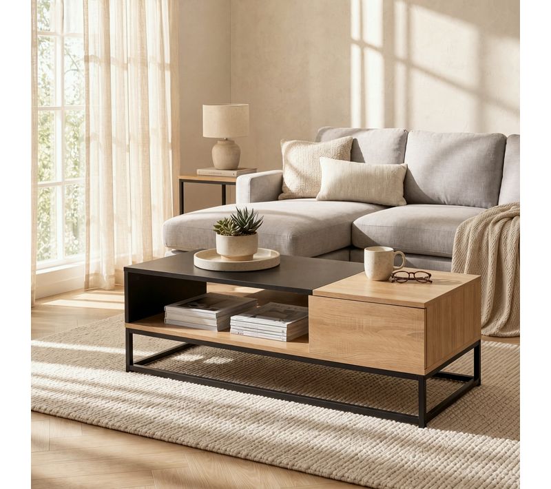 Table basse L.130 cm VINCENTE imitation chêne et noir