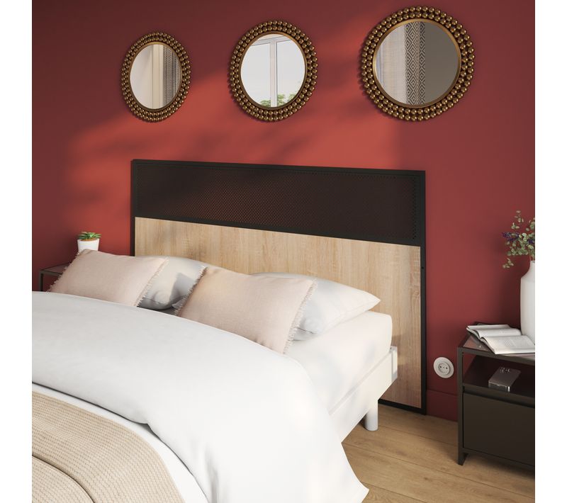 Tête de lit L.160 cm OSKAR métal noir et imitation chêne