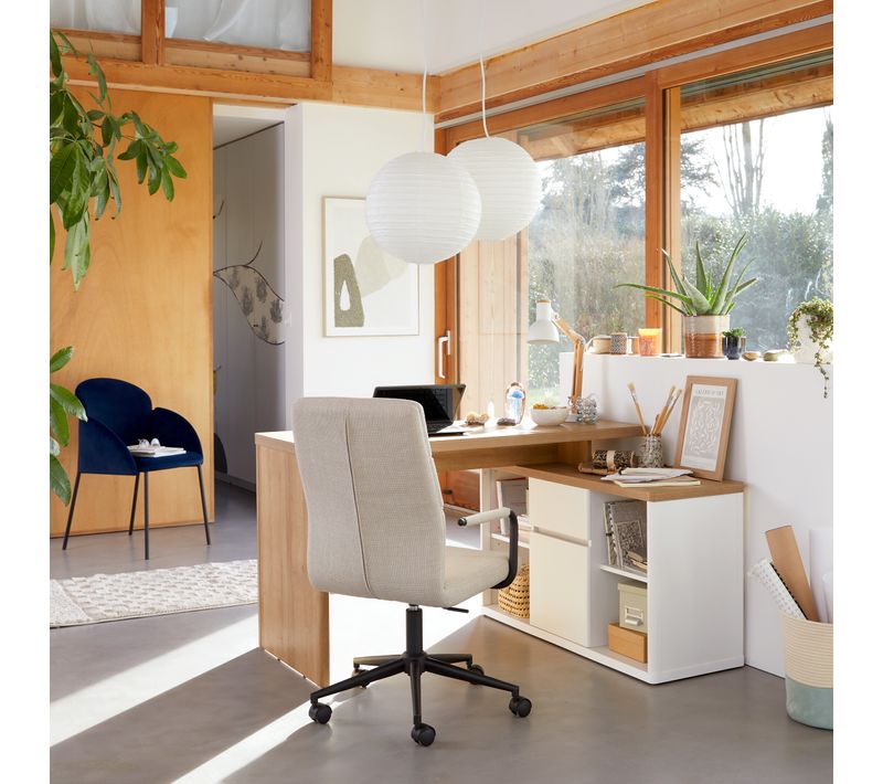Bureau d'angle avec rangement MYSEN imitation chêne et blanc