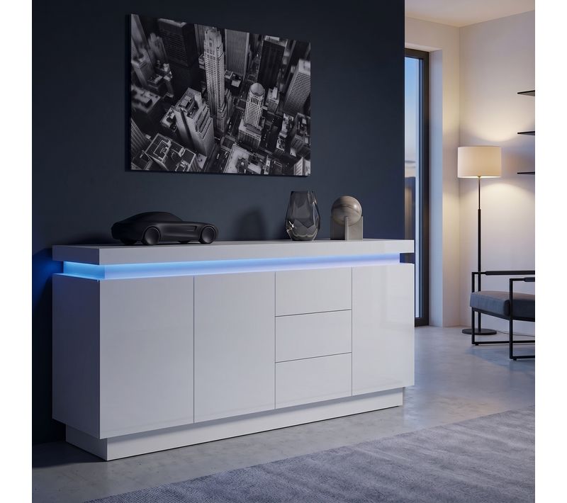 Buffet LED 3 portes 3 tiroirs L.183cm COLORS blanc laqué