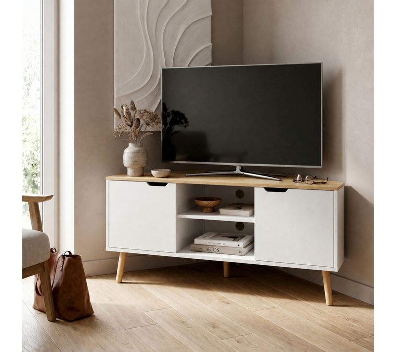 Meuble TV D'angle CORNY imitation chêne et blanc