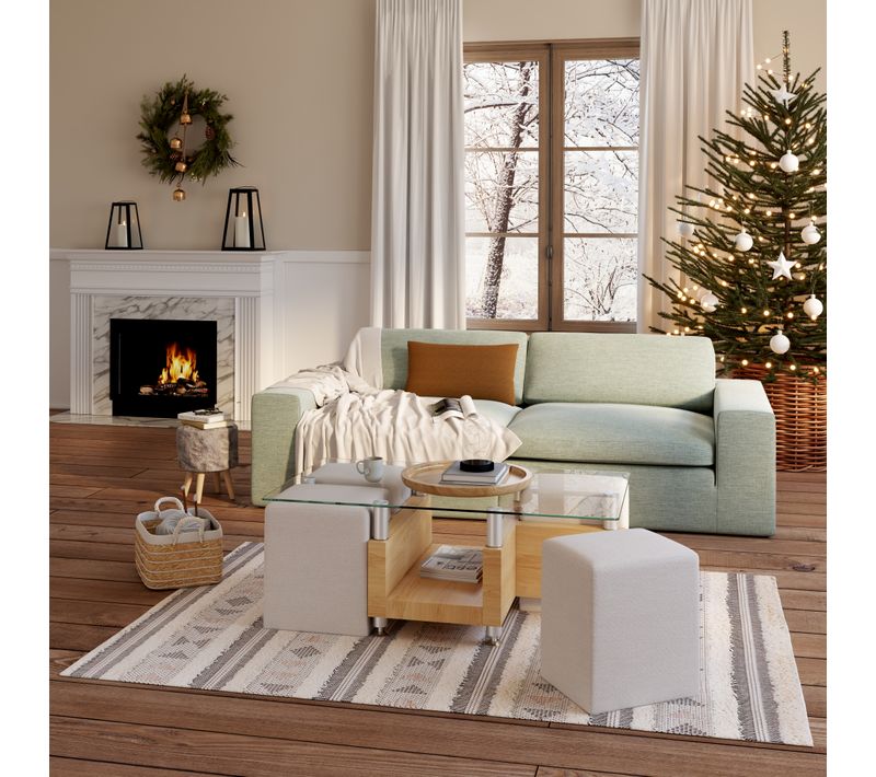 Table basse avec 4 poufs VECTRA Imitation chêne