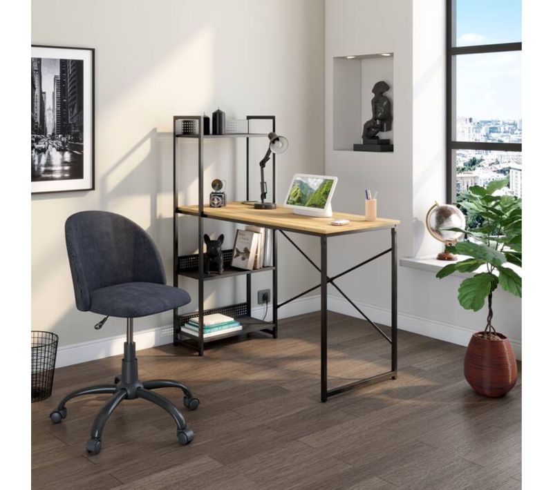 Bureau avec étagère MARLON noir et imitation chêne