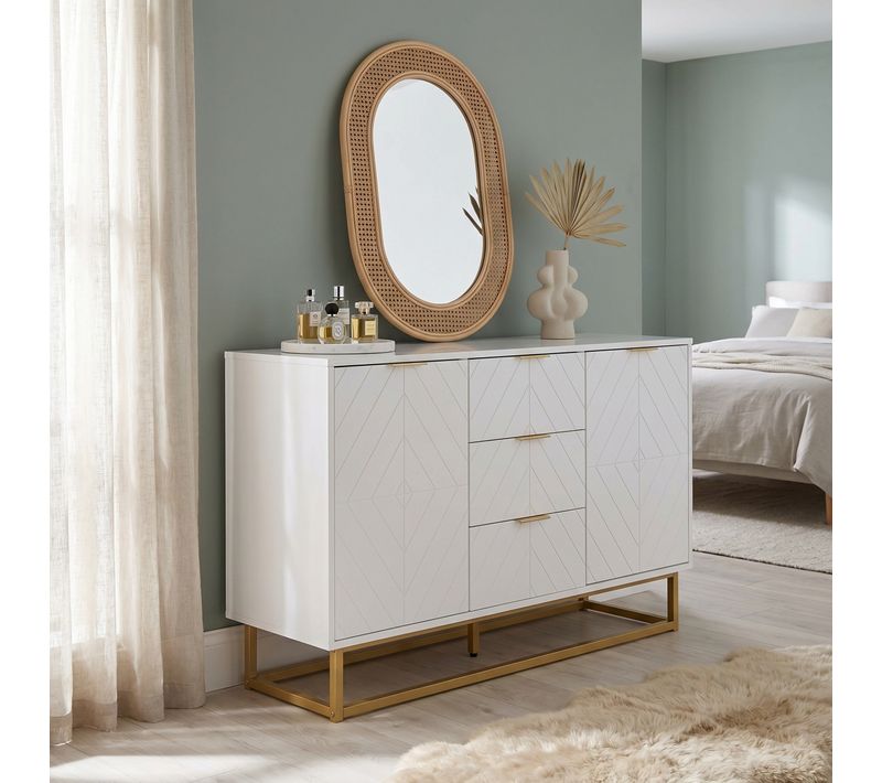 Commode 3 tiroirs 2 portes GLORY blanche et dorée